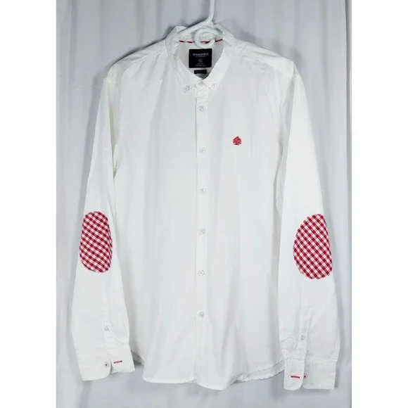 Springfield Unique Org. Button Up Shirt Mens XL White Red Check Patch L/S Casual - Picture 1 of 5